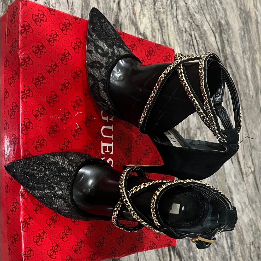 GUESS Black Lace Heels with Gold Chain